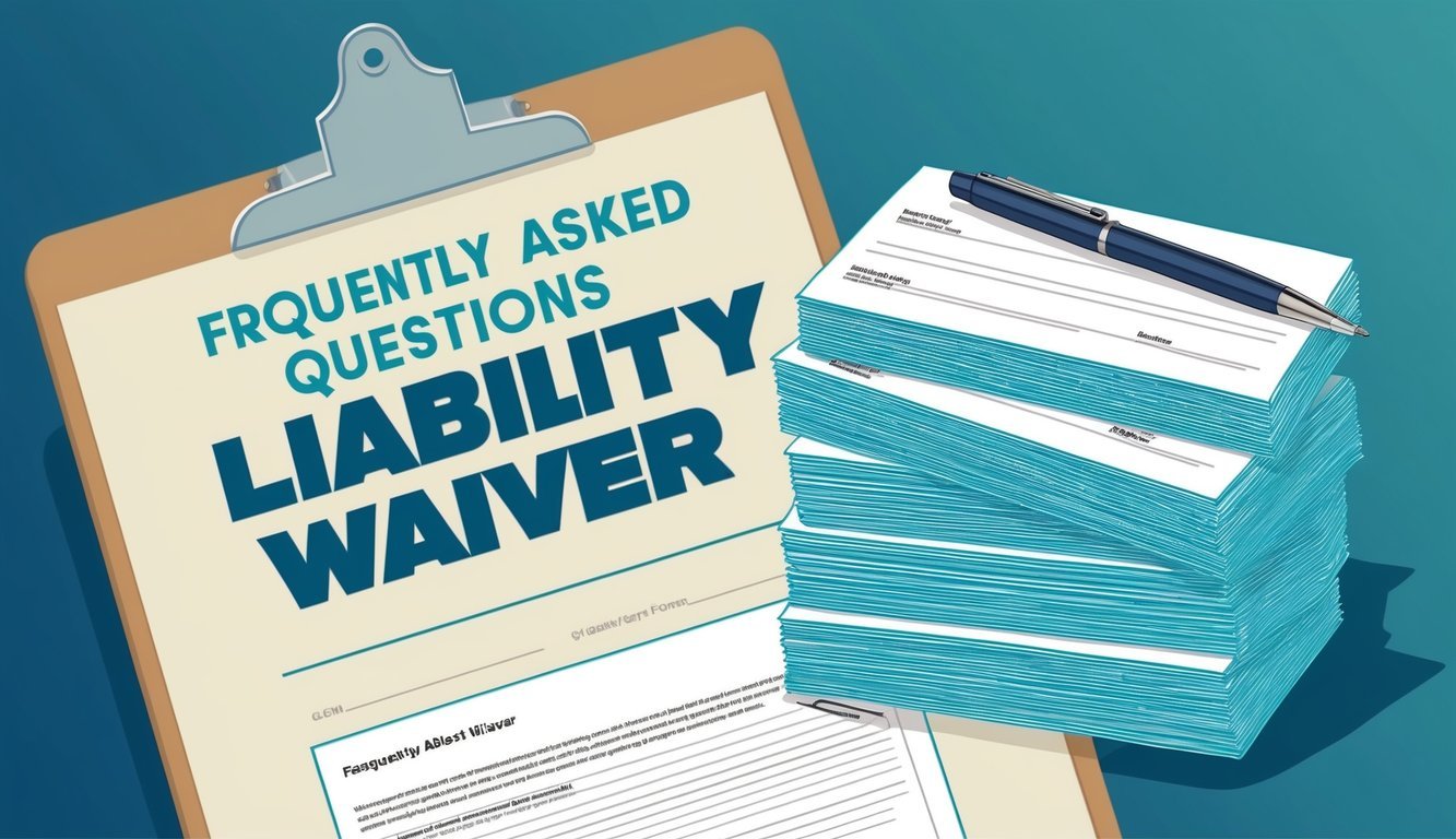 A stack of waiver forms on a clipboard, next to a pen, with a sign above reading "Frequently Asked Questions Gym liability waiver."