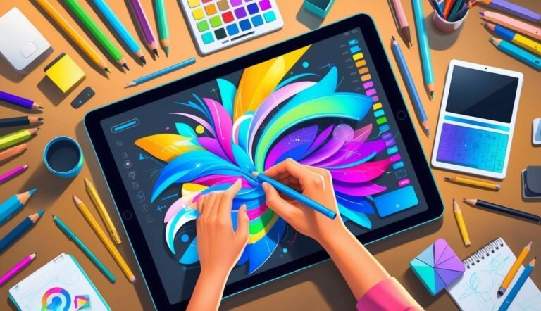 Hands drawing colorful abstract art on a tablet surrounded by pencils