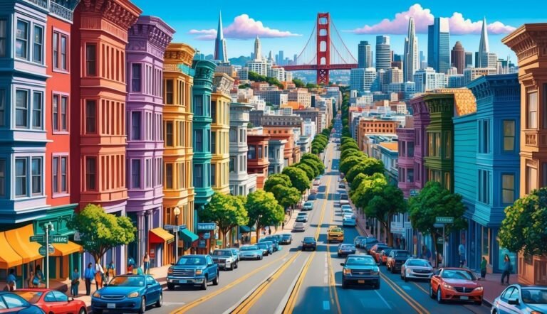 Colorful San Francisco street scene with Golden Gate Bridge in the distance