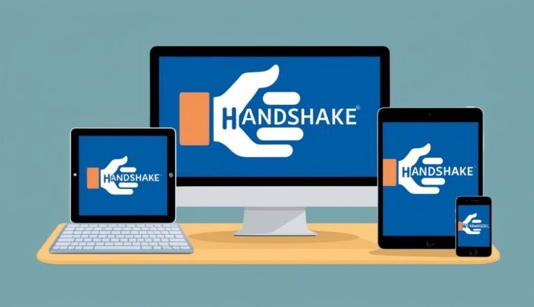 Handshake logo displayed on a computer, tablet, and smartphone screens