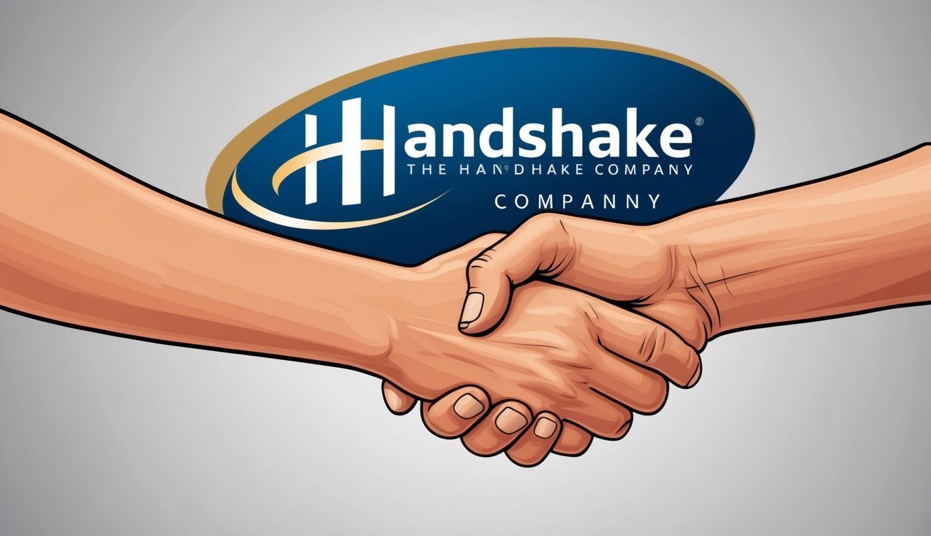 A hand reaching out to shake another hand, with the Handshake company logo displayed prominently in the background