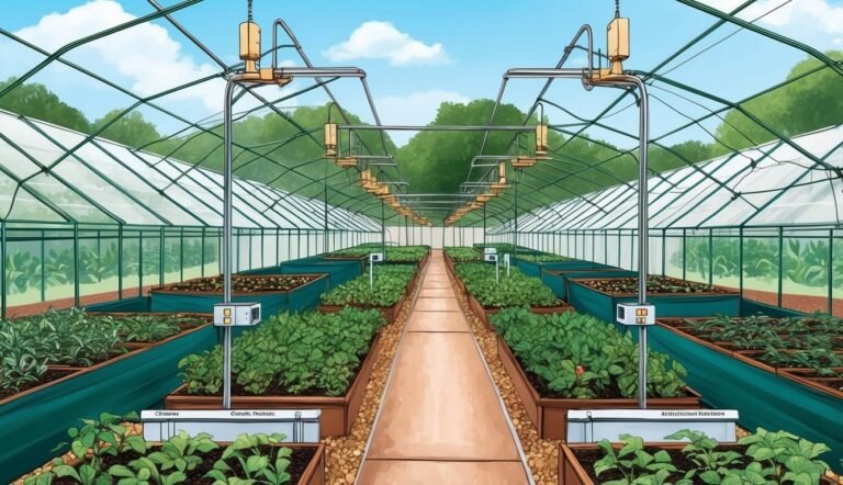 Inside a greenhouse, rows of crops grow under overhead lights