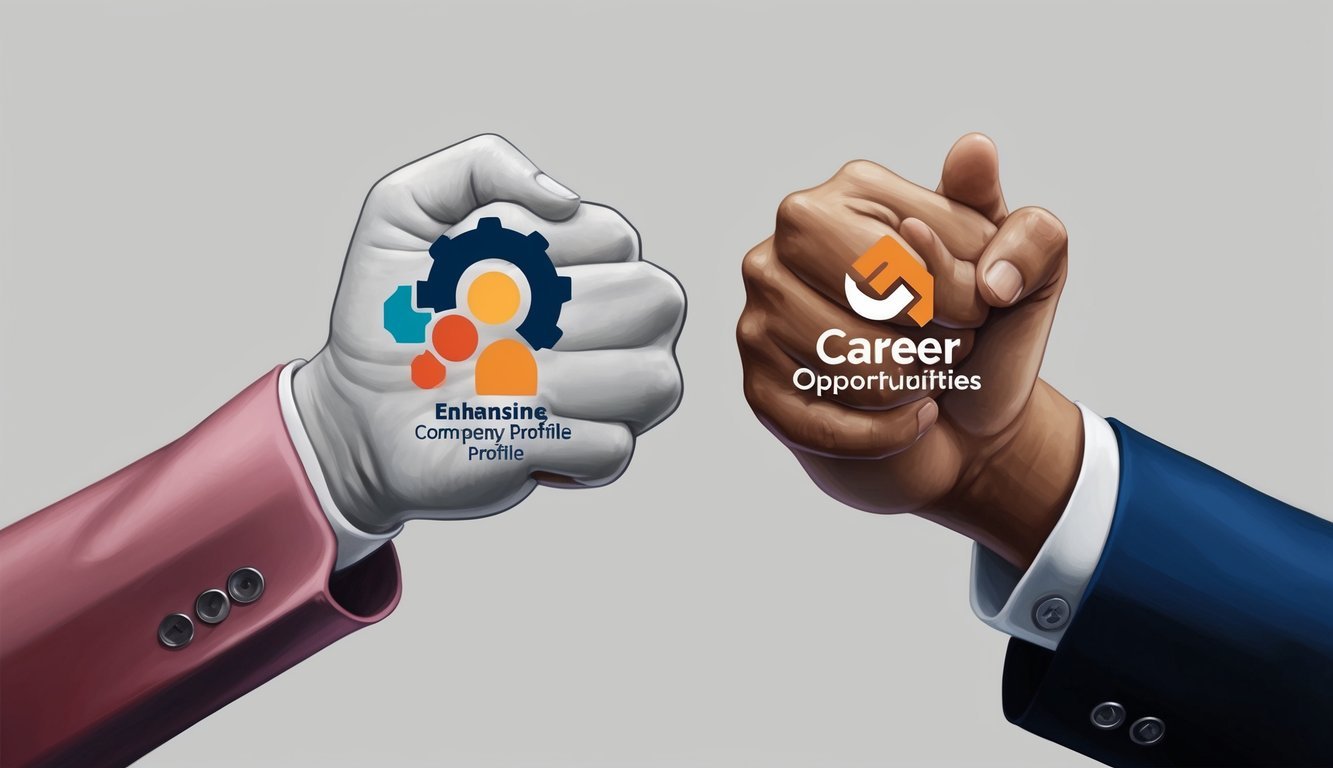 Two hands clasping, one with the Enhancing Company Profile logo and the other with the Career Opportunities logo