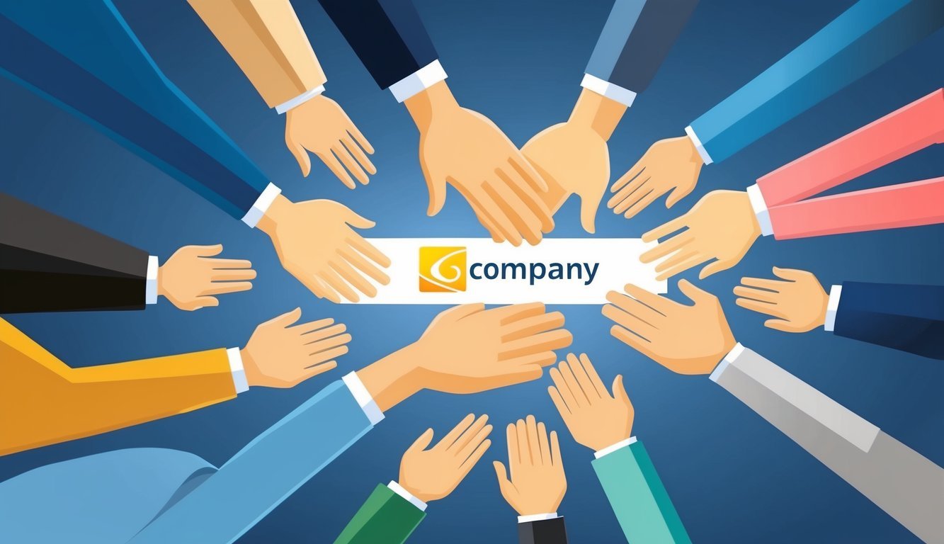 A group of people standing in a circle, each with one hand extended for a handshake, with the company logo displayed prominently in the center