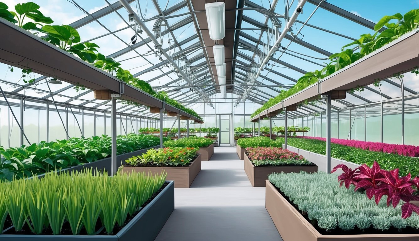 A group of interconnected greenhouses with plants and technology merging seamlessly