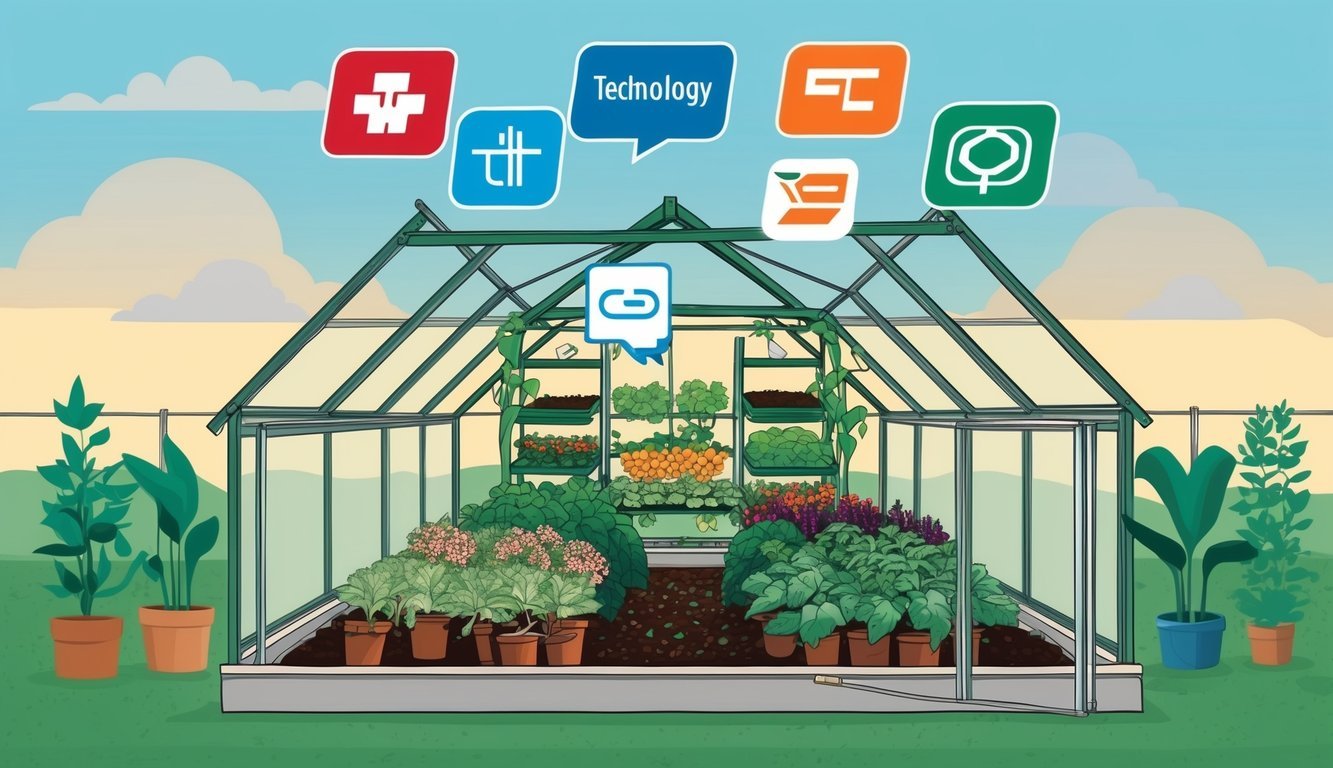 A greenhouse with various technology logos floating above it