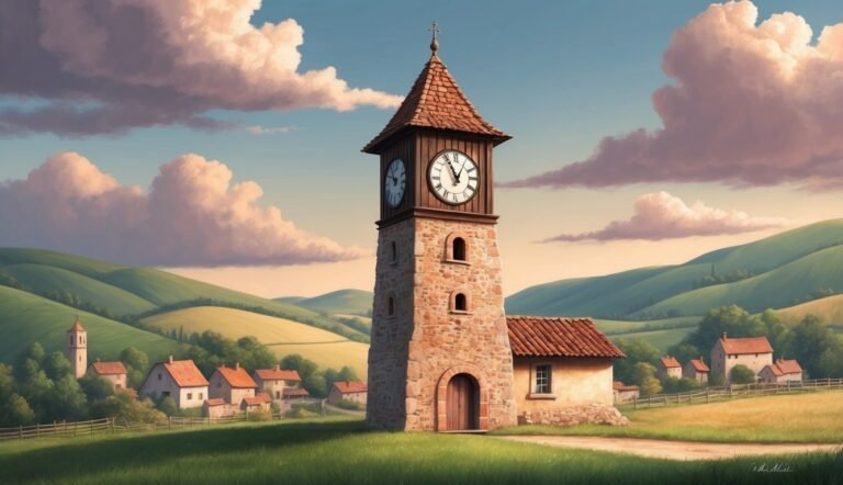 Stone clock tower in a village with rolling green hills and clouds