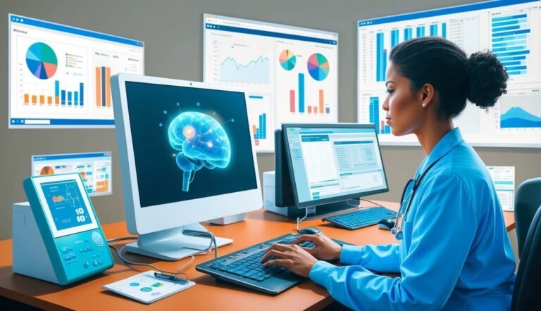 Doctor analyzing brain scan on computer, surrounded by data charts