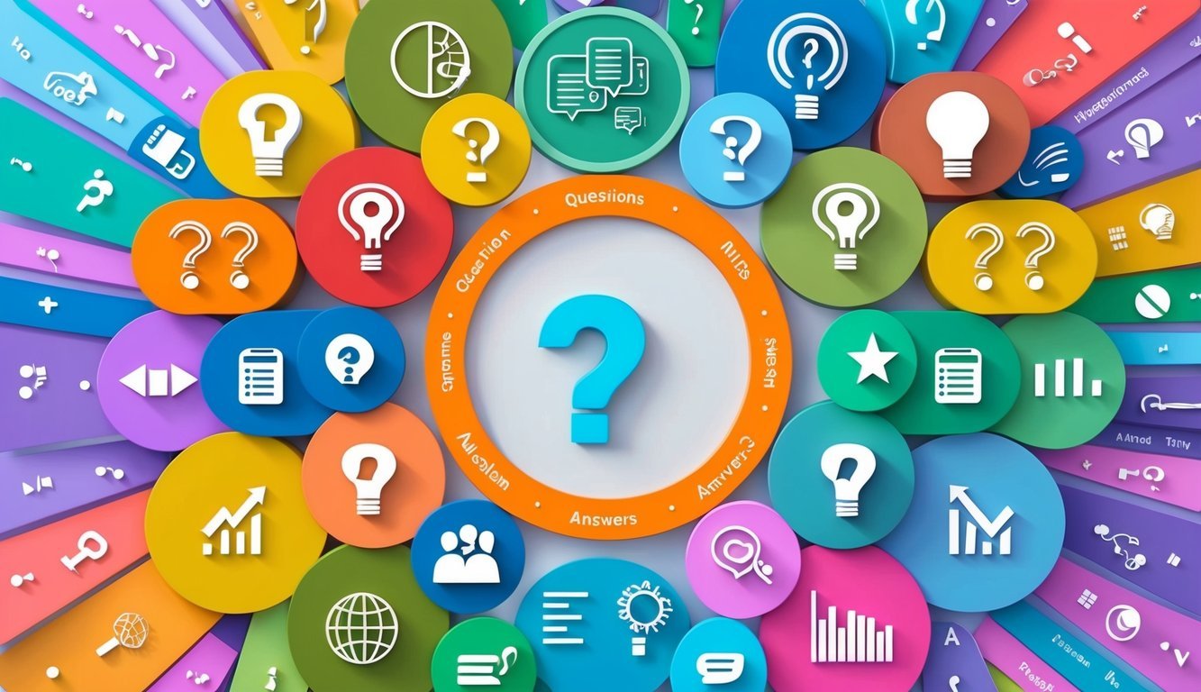 A variety of colorful icons and symbols representing different questions and answers arranged in a circular pattern