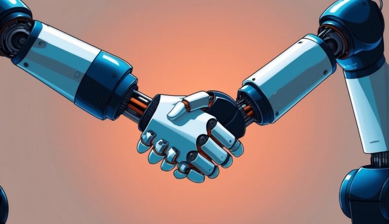 Two robot arms shaking hands, symbolizing cooperation or agreement