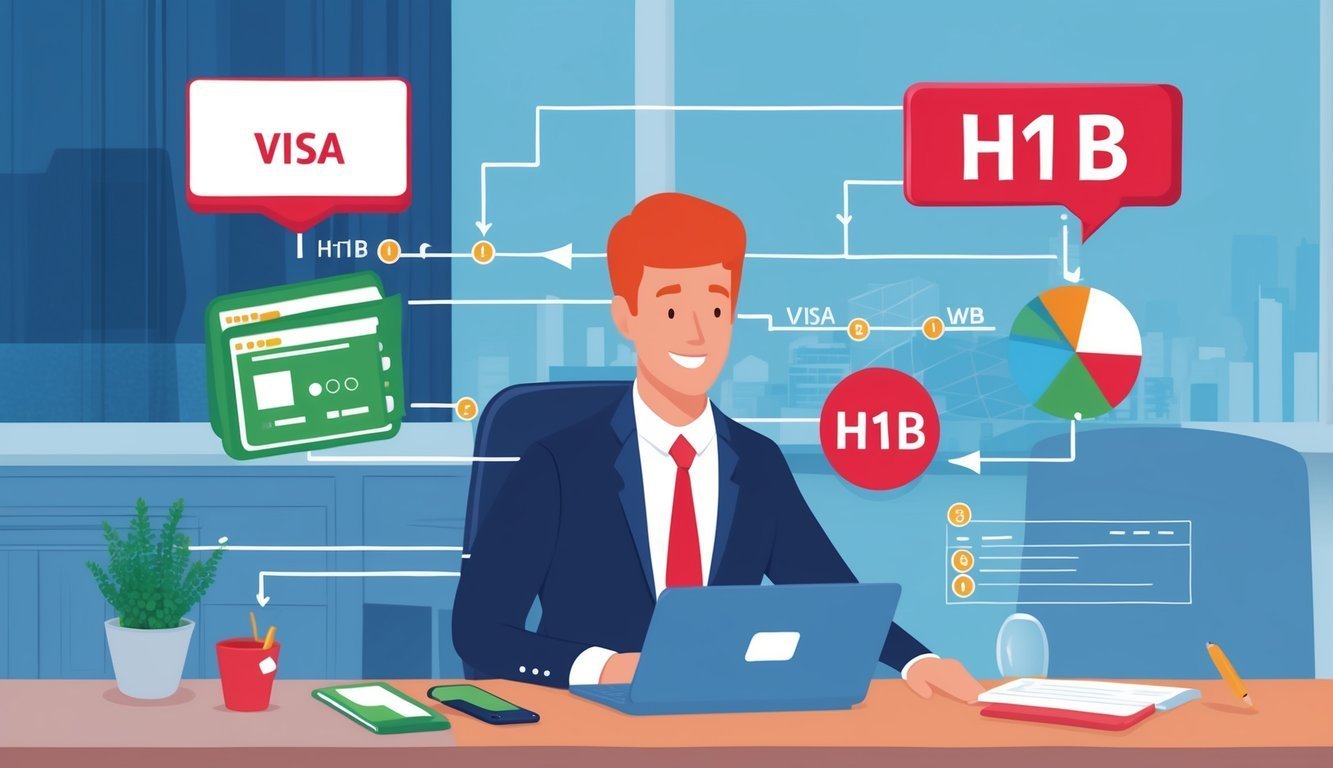 Man at desk with laptop, Visa and H1B process flow chart