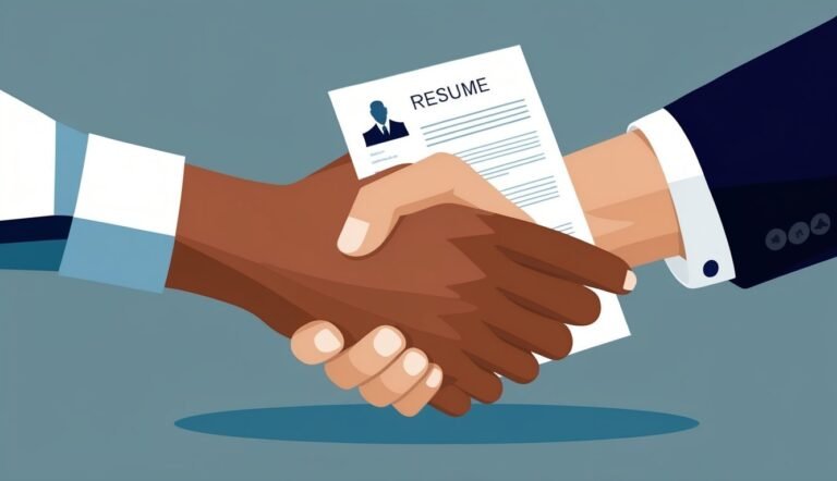 Two hands shaking over a resume, symbolizing a job offer