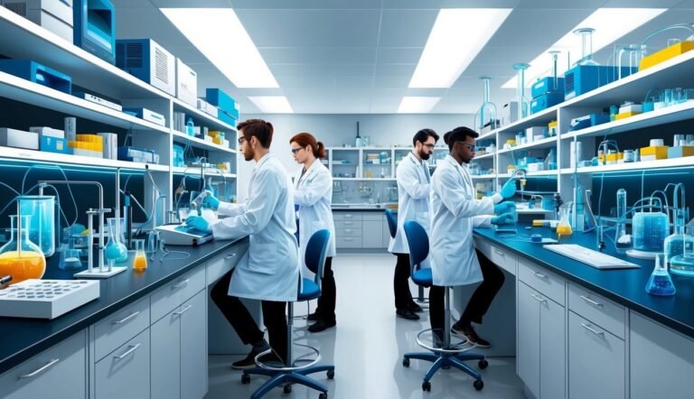 Four scientists in lab coats working in a modern, well-equipped laboratory