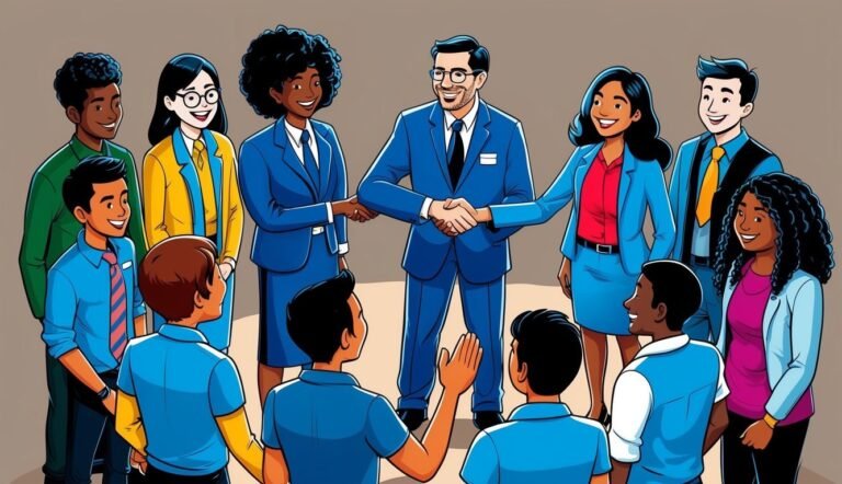 Diverse group of people in business attire, shaking hands, smiling, and collaborating