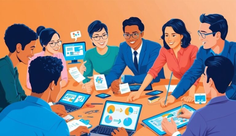 Team of diverse professionals collaborating around a table with laptops and documents