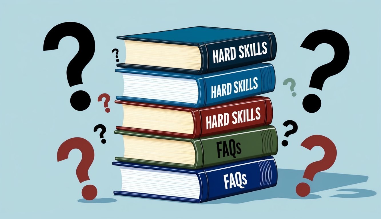 A stack of books with titles like "Hard Skills" and "FAQs" surrounded by question marks