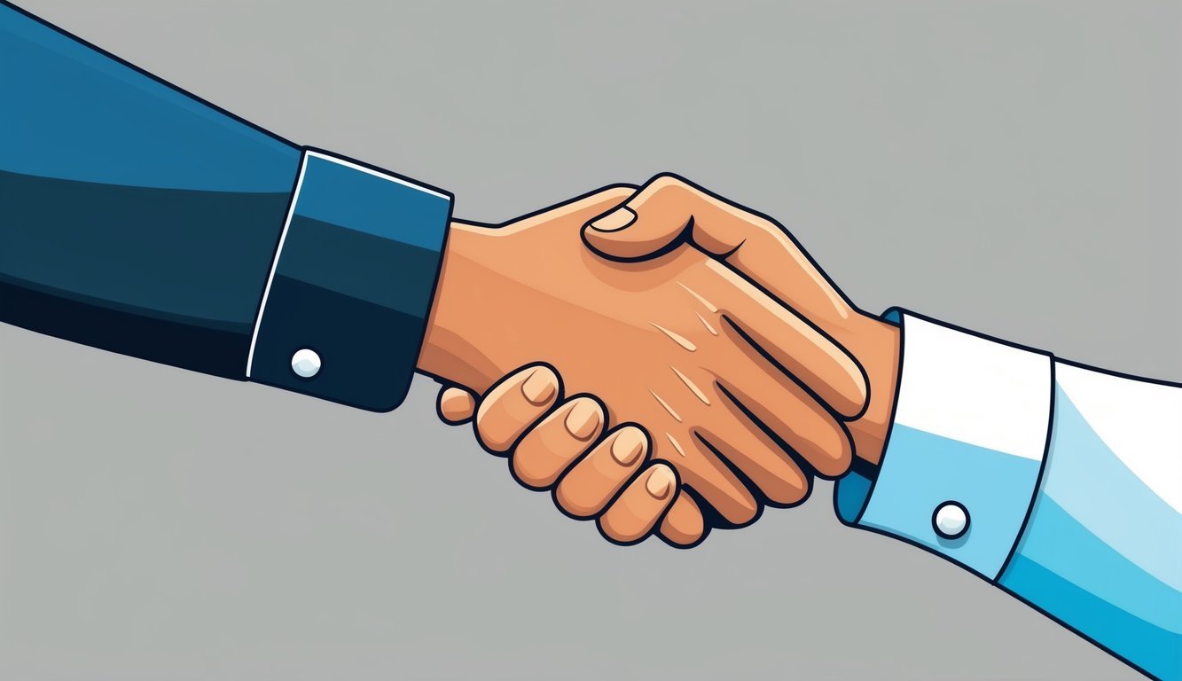 Two hands clasped together, one slightly larger than the other, forming a simple yet impactful handshake logo for marketing materials