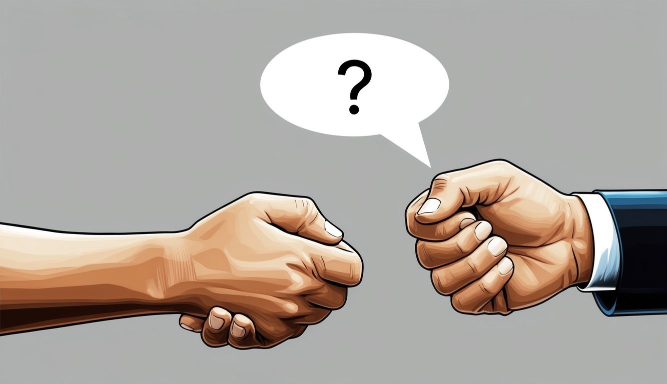 A hand reaching out to shake another hand, with a speech bubble containing a question mark above each hand