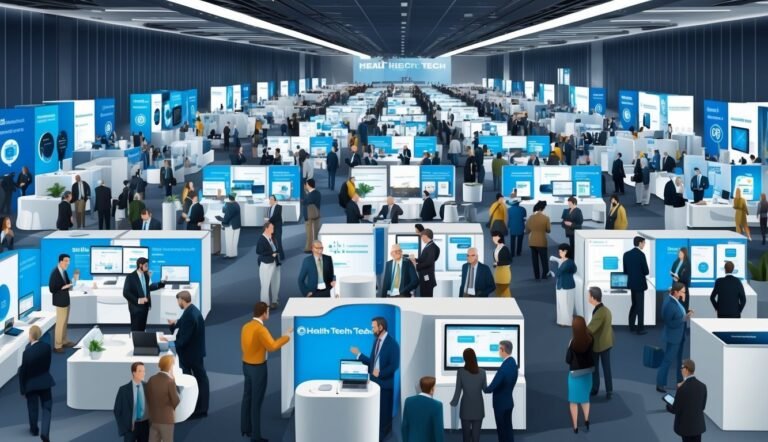 Large tech conference with many people interacting at booths
