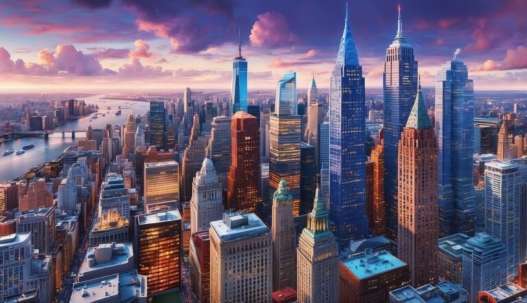 Aerial view of New York City skyline at sunset, colorful sky