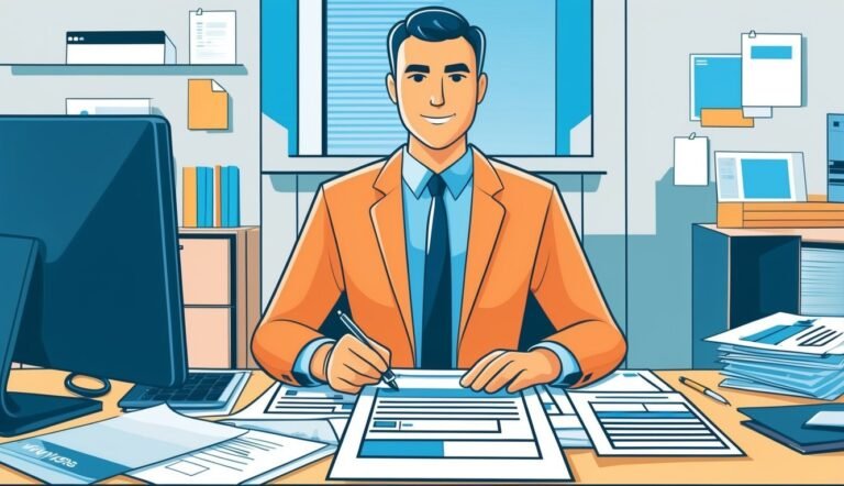 Smiling businessman in orange suit signing documents at his desk