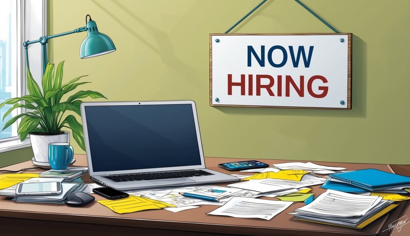 A cluttered desk with a laptop, phone, and scattered papers.</p><p>A "Now Hiring" sign hangs on the wall