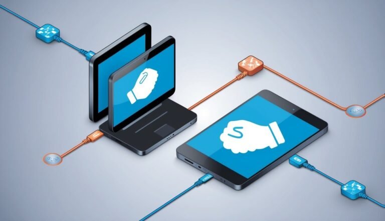 Laptop and tablet connected by cables, with hand icons on screens