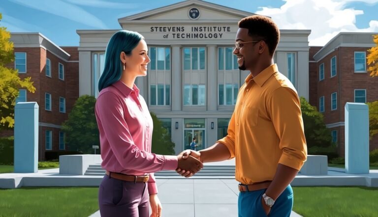 Two people shaking hands in front of a university building
