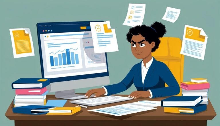 Businesswoman at desk with computer, papers, and stacks of books