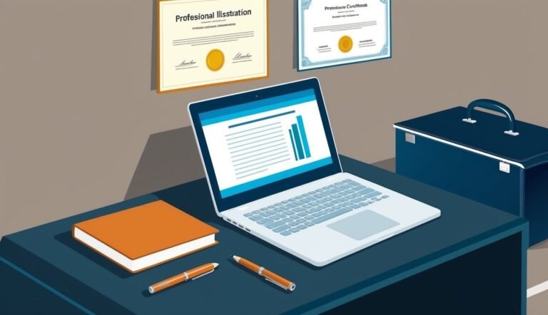 Laptop, certificates, briefcase, and stationery on a desk