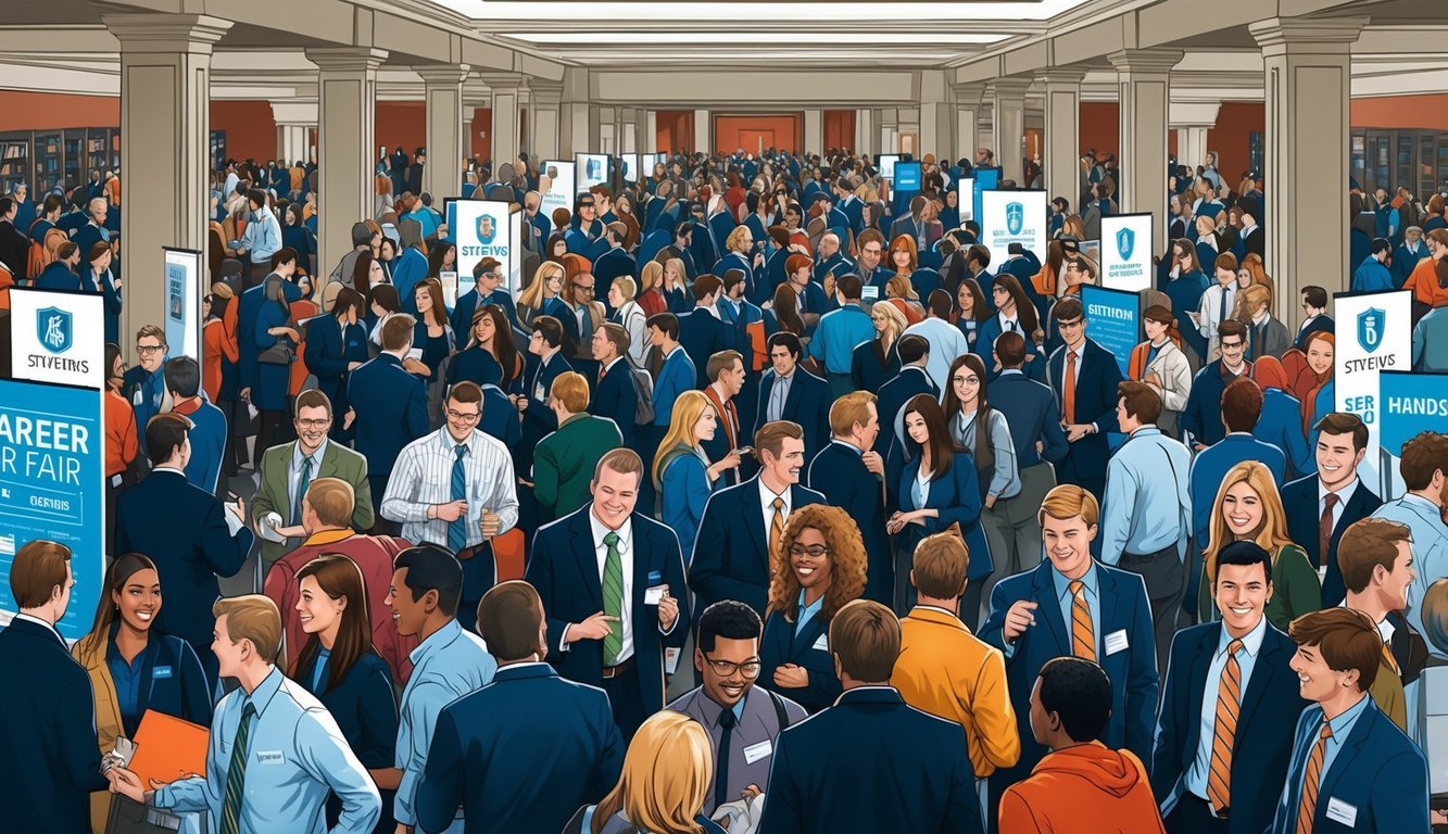 A crowded campus career fair with employers and students interacting at the Handshake Stevens event