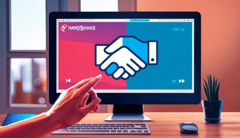 Handshake logo on computer screen with hand pointing at it