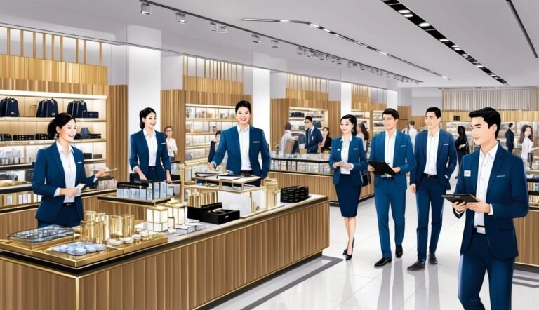 People in blue suits in a luxury retail store, smiling
