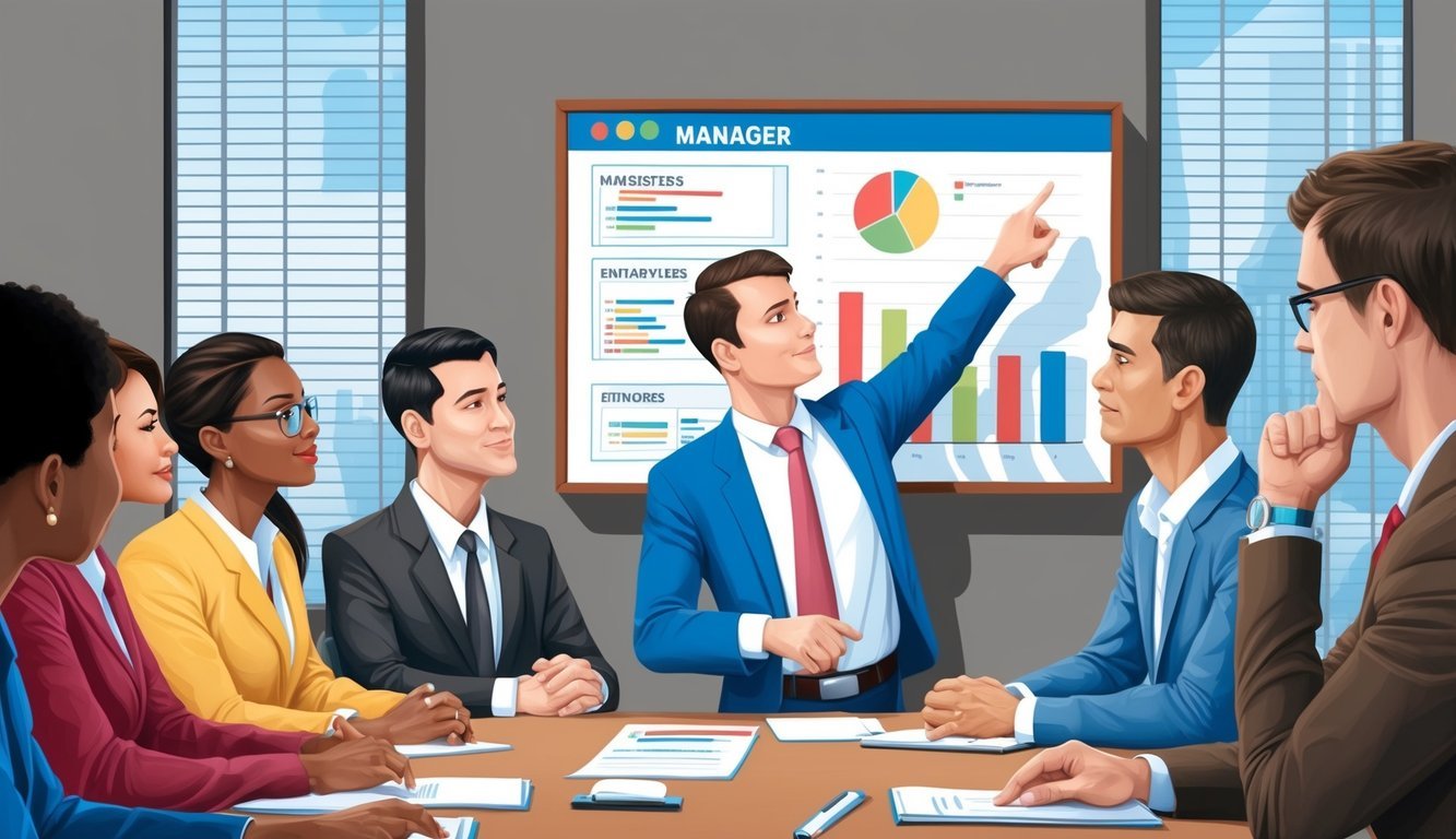 A manager pointing to a chart while employees listen attentively