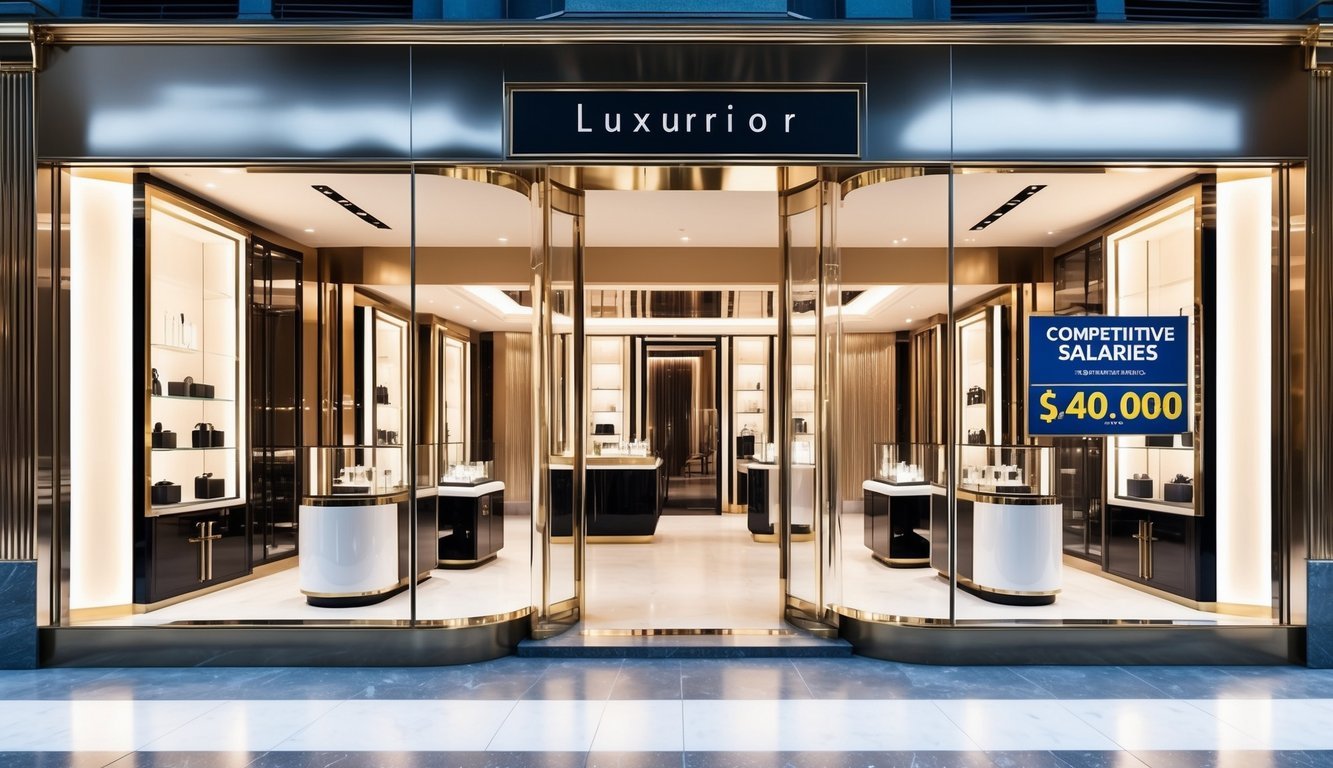 A luxurious storefront with a sleek, modern design.</p><p>Bright lights and large windows showcase high-end products.</p><p>A sign advertises competitive salaries