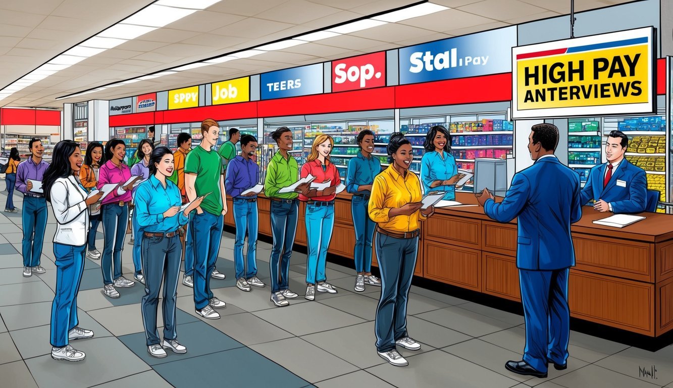 A bustling retail store with a line of eager job applicants, a sign advertising high pay, and a manager conducting interviews