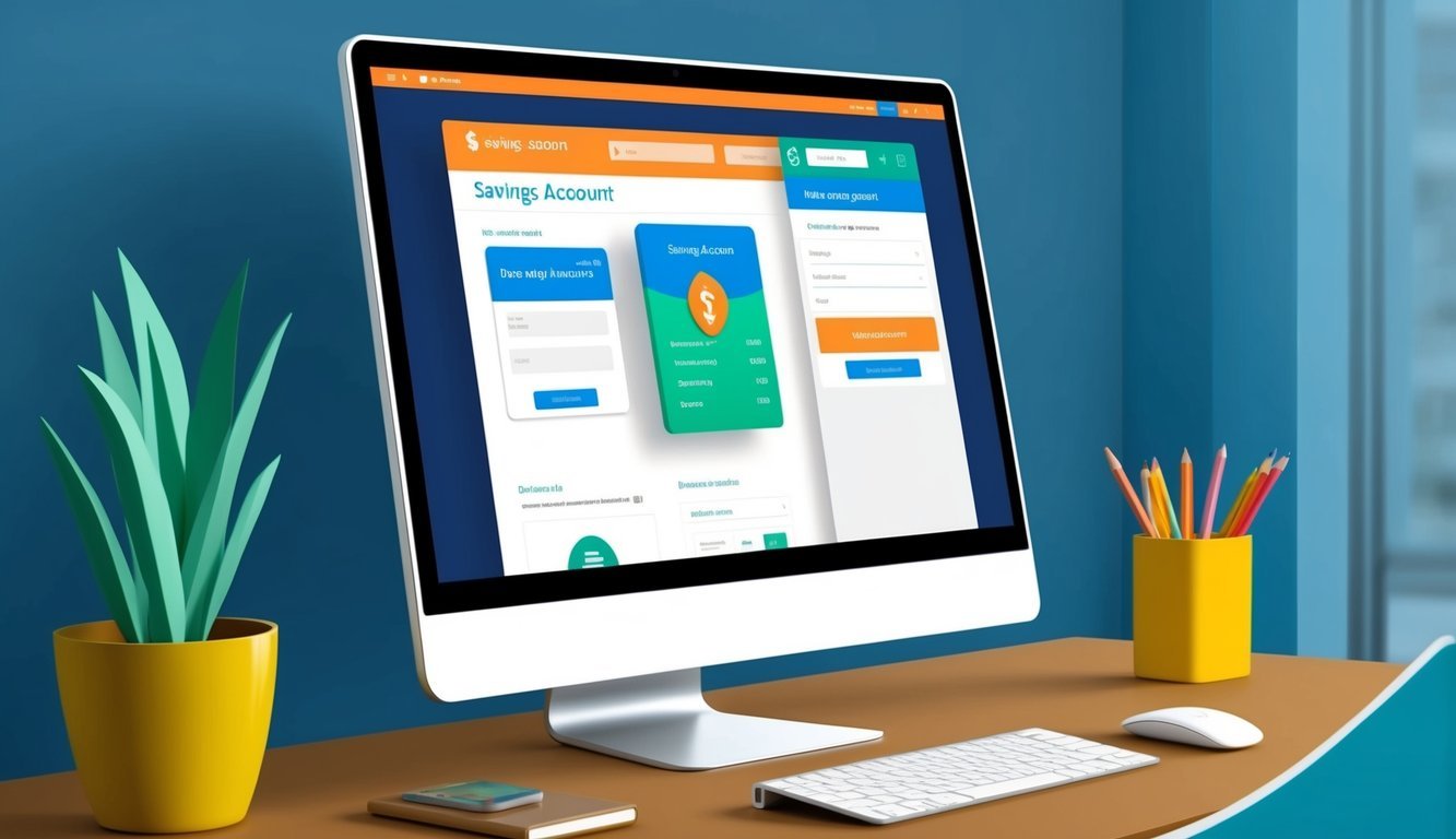 A computer screen displaying a website with a savings account interface, featuring a virtual deposit and withdrawal process