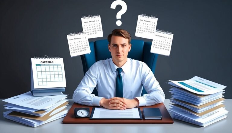 Businessman at desk with floating calendars and a question mark above