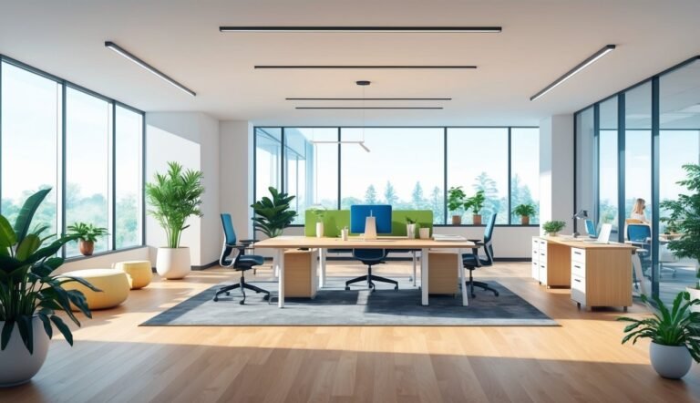 Modern office interior with large windows, desks, chairs, and plants