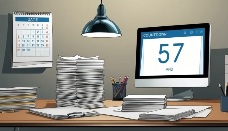 Desk with calendar, computer showing "57", and stacks of paper