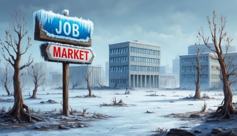 Job Market" sign in a frozen city landscape with bare trees and buildings."