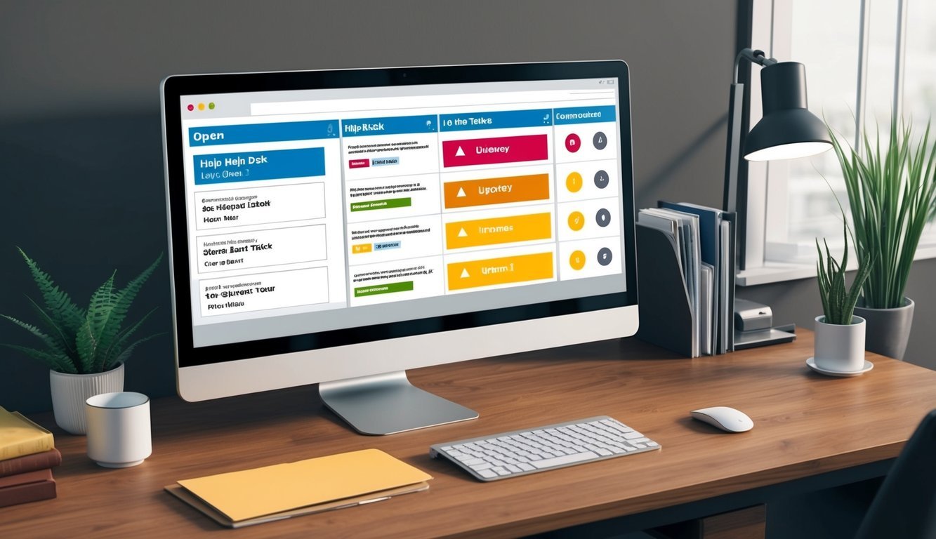 A computer screen displaying multiple open help desk tickets with various levels of urgency and categories