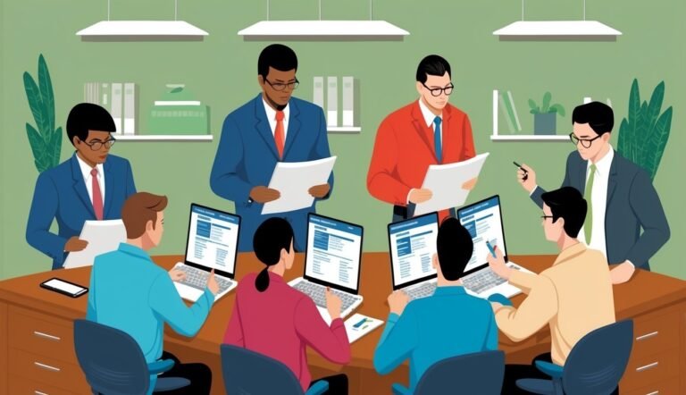 Business meeting with people looking at laptops and documents