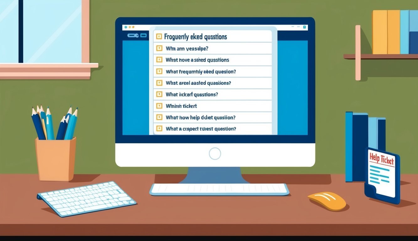 A computer screen displaying a list of frequently asked questions with a help ticket icon
