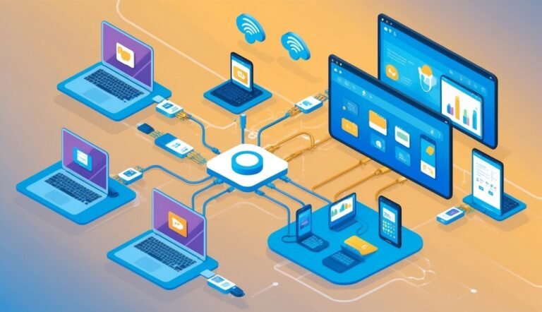 Isometric illustration of connected laptops, phones, and monitors, network hub