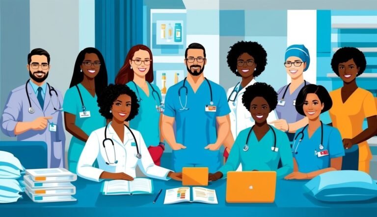 Group of diverse medical professionals smiling, gathered around a table