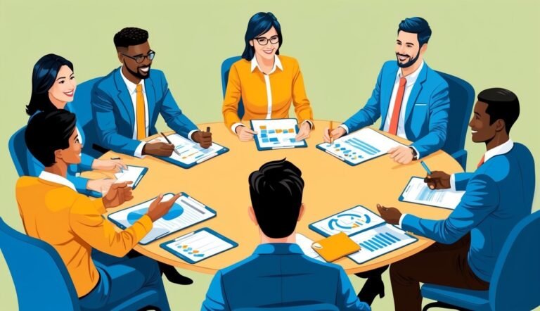 Business team meeting around a round table, reviewing documents and charts