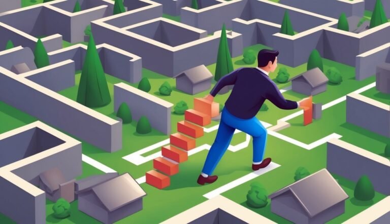 Man navigating a maze, climbing stairs, and reaching for a red door