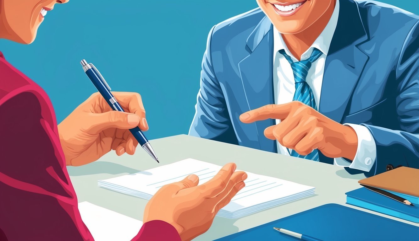 Two people at a table, one signing a document, the other pointing