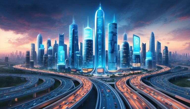 Futuristic city with glowing blue skyscrapers and busy highway interchange